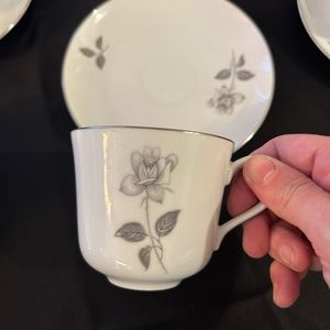 4 Queens Royal Japan Fine China Cup & Saucer Platinum Rose & Trim. 2 sets avail.